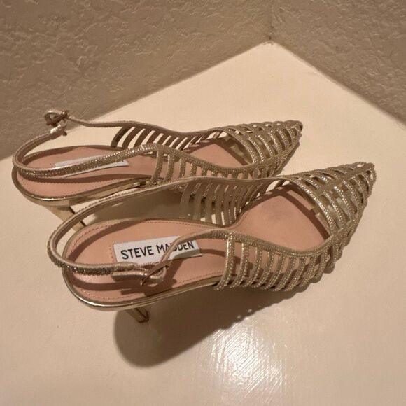 Steve Madden Size 10 Carleigh Strappy Rhinestone Embellished Pump Heel Gold - Picture 5 of 8